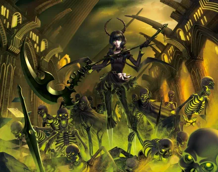 HD wallpaper featuring Dead Master from Black Rock Shooter, surrounded by skeletons in a dark, atmospheric setting, showcasing a blend of anime and fantasy elements.