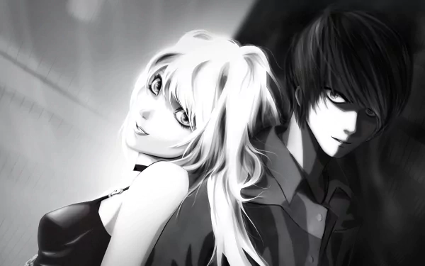 High-definition anime wallpaper featuring characters from Death Note, showcasing a dynamic black and white design with striking contrasts and expressions.