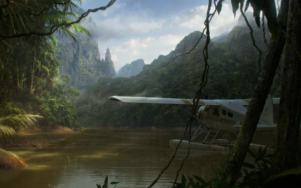 A stunning HD fantasy landscape of a dense jungle with mountains and a seaplane docked by a calm river, designed as a PC desktop wallpaper and background.