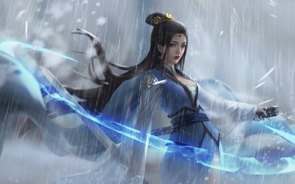 Fantasy Women Warrior Rain Asian Sword Woman Warrior Long Hair Black Hair HD Wallpaper | Background Image