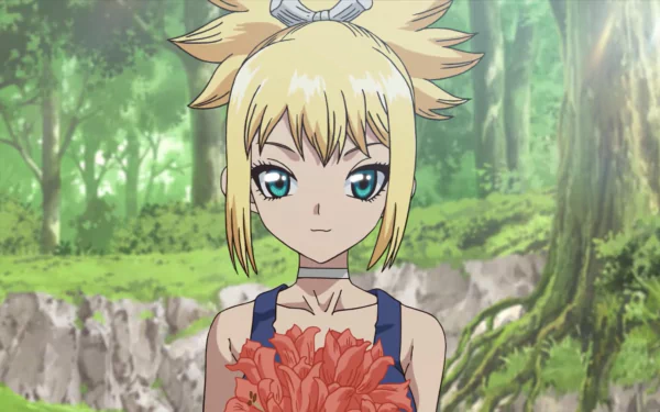 Kohaku (Dr. Stone) stands in a sunlit forest holding red flowers — anime HD PC desktop wallpaper.