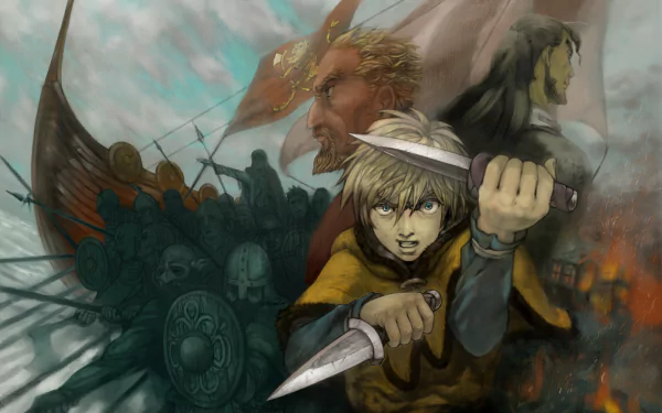 HD anime wallpaper featuring Thorfinn, Askeladd, and Thors from Vinland Saga in an intense battle scene with Viking ships and warriors in the background.
