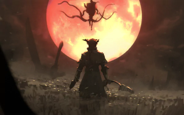 Silhouetted warrior from Bloodborne stands against a glowing blood moon in a dark, atmospheric 4K Ultra HD video game wallpaper.