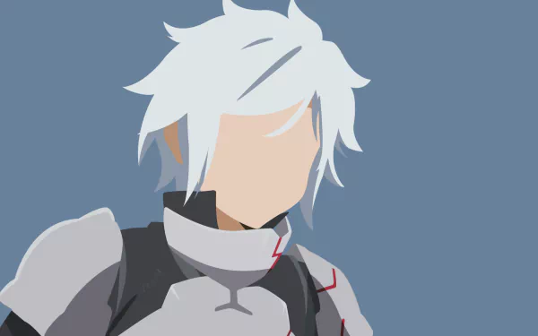 Minimalist HD anime wallpaper featuring Bell Cranel from Is It Wrong to Try to Pick Up Girls in a Dungeon? with his white hair and armor against a muted blue background.