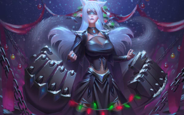 animal ears blindfold white hair long hair woman warrior Christmas fantasy HD Desktop Wallpaper | Background Image