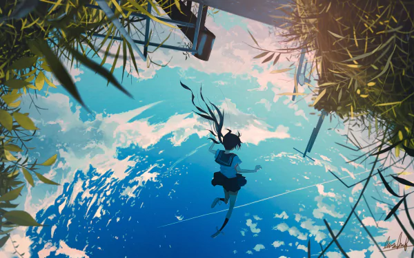 Anime-style HD desktop wallpaper depicting a character falling from a structure against a backdrop of blue skies and clouds, framed by lush green foliage.