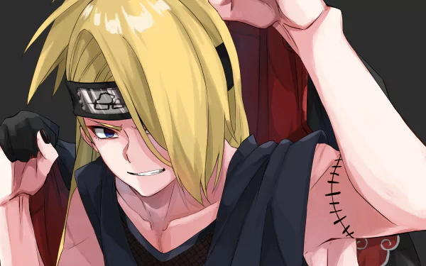Deidara from Naruto is depicted in this vibrant 4K Ultra HD anime wallpaper, showcasing his signature blond hair and intense expression against a dark backdrop.