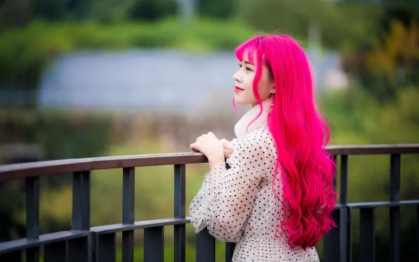 lipstick pink hair depth of field model long hair woman asian HD Desktop Wallpaper | Background Image