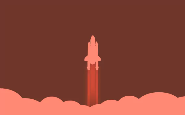 Minimalist sci-fi rocket lifting off through stylized clouds in warm reds — 5K Ultra HD PC desktop wallpaper and background.