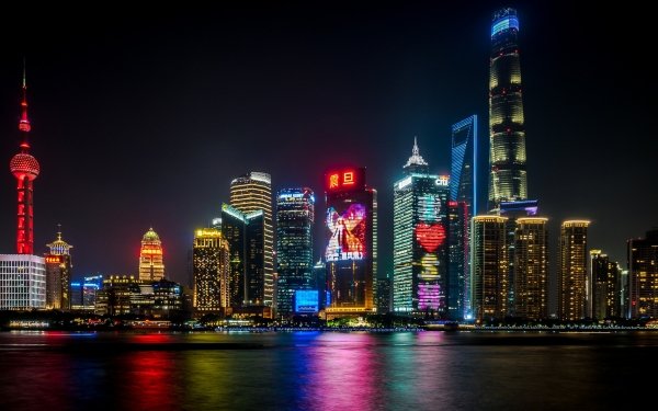 Man Made Shanghai Cities China City Night Light Colors Skyscraper Building HD Wallpaper | Background Image