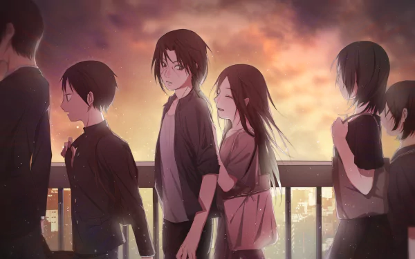 A 4K Ultra HD anime wallpaper featuring Izumi Uchiha and Itachi Uchiha from Naruto, depicted together in a serene, sunset-lit urban setting.
