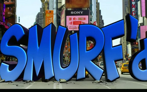 HD PC desktop wallpaper/background showing The Smurfs movie title in giant blue 3D letters spanning a busy city street backdrop.