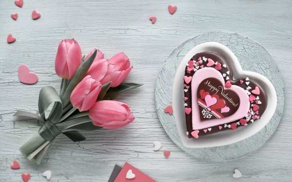 Holiday Valentine's Day Tulip Heart-Shaped Cake Still Life Pink Flower HD Wallpaper | Background Image