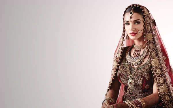 HD desktop wallpaper featuring Indian actress Amy Jackson adorned with traditional jewelry, a necklace, and bright lipstick in a celebrity bridal look.