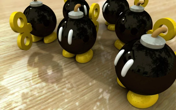 HD PC desktop wallpaper featuring several Bob-ombs from the Super Mario video game series on a wooden surface.