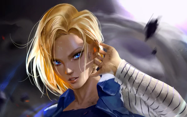 Android 18 (Dragon Ball) in anime-style HD PC desktop wallpaper: close-up of blonde, blue-eyed Android 18 from Dragon Ball Z with wind-swept hair and a smoky, dramatic background.