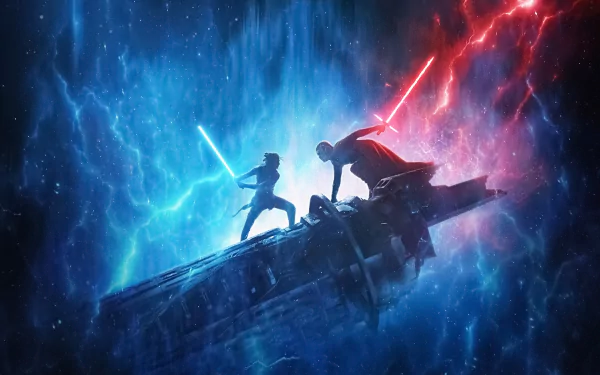 HD PC desktop wallpaper featuring Kylo Ren and Rey from Star Wars: The Rise of Skywalker, engaged in a lightsaber duel with vivid blue and red lighting effects.