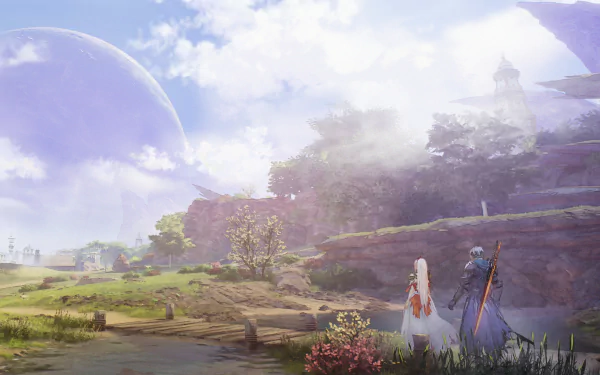 4K Ultra HD PC desktop wallpaper featuring a scenic landscape from the video game Tales of Arise with two characters overlooking a vibrant, misty valley under a bright sky.