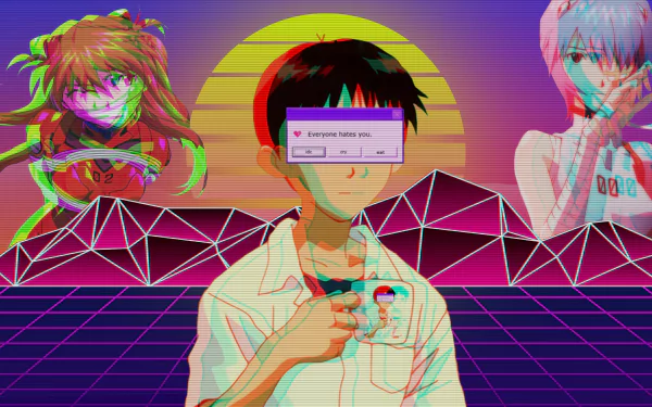 HD desktop wallpaper featuring neon vaporwave style art of Shinji Ikari with a pixelated alert covering his eyes, and Asuka Langley Soryu, and Rei Ayanami in the background from Neon Genesis Evangelion.