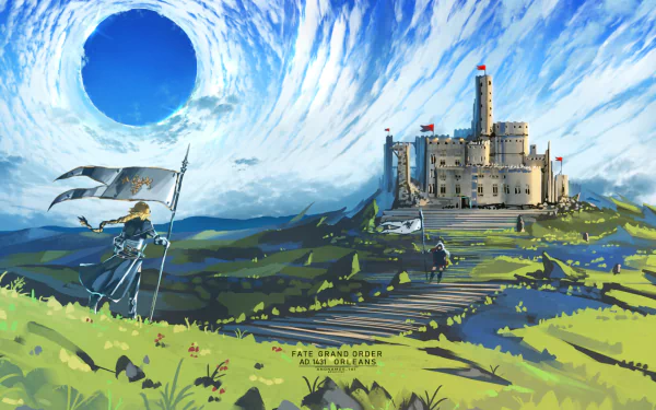 A stunning HD desktop wallpaper featuring characters from Fate/Apocrypha and Fate/Grand Order, including Jeanne d'Arc Alter and Jeanne d'Arc, set against a majestic castle under a dramatic blue sky.