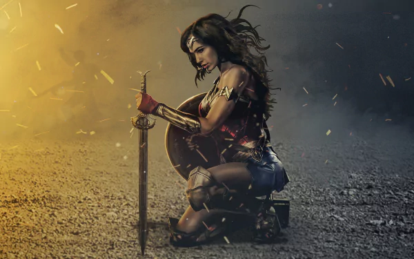 Gal Gadot as Diana Prince from DC Comics' Wonder Woman, kneeling with sword and shield in a dramatic 4K Ultra HD movie wallpaper background.