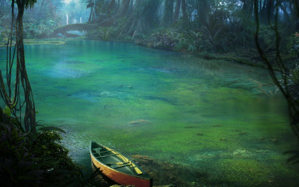 Fantasía Bosque Rainforest Greenery Barco Jungla Fondo de pantalla HD | Fondo de Escritorio