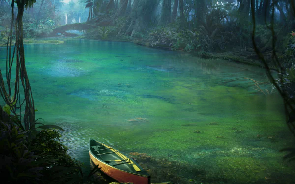 A serene fantasy rainforest scene with lush greenery and a small boat resting on the calm water, captured in HD as a vibrant jungle forest desktop wallpaper.