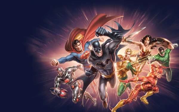 HD PC desktop wallpaper featuring Justice League heroes Barry Allen (Flash), Hal Jordan (Green Lantern), Superman, Cyborg, Aquaman, Wonder Woman, and Batman in dynamic action poses.