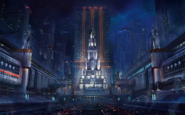 Futuristic sci-fi cityscape at night featuring towering communist-inspired skyscrapers and monumental architecture, glowing with neon lights in a dark, atmospheric setting.