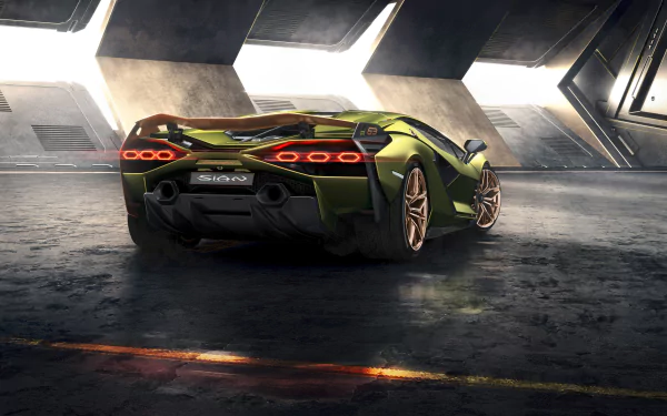 A sleek green Lamborghini Sián FKP 37 supercar displayed in 8K Ultra HD, showcased in a modern, dimly lit concrete environment for a PC desktop wallpaper.