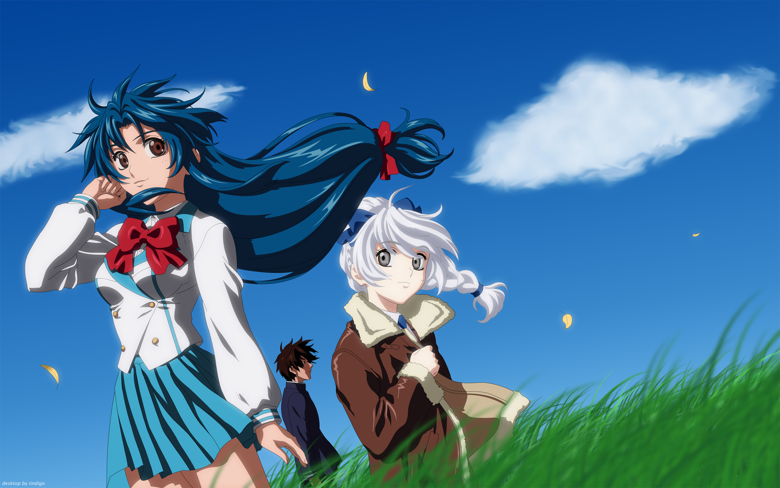 Anime characters Kaname, Sousuke, and Teletha from Full Metal Panic! in a striking desktop wallpaper.