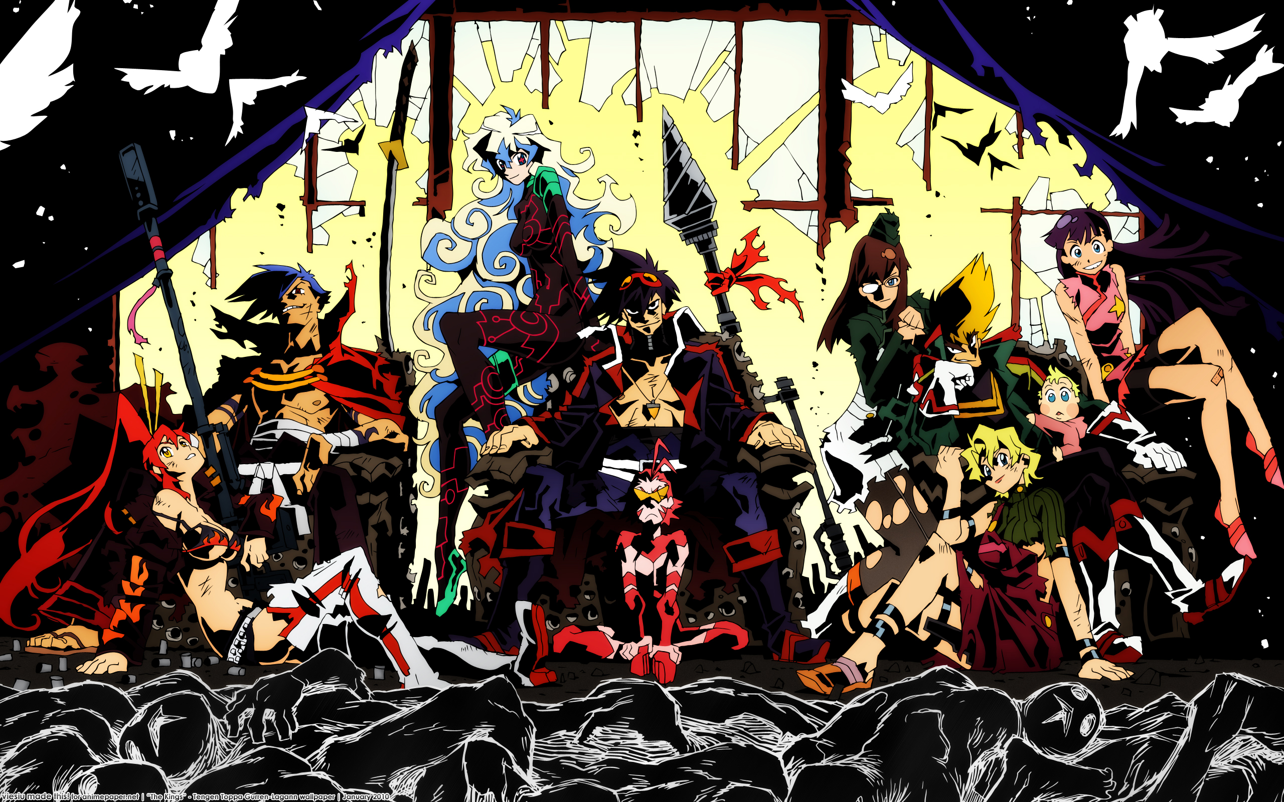 Gurren Lagann desktop wallpaper featuring Anime characters Simon, Kamina, Yoko, Nia, Boota, and Kittan.