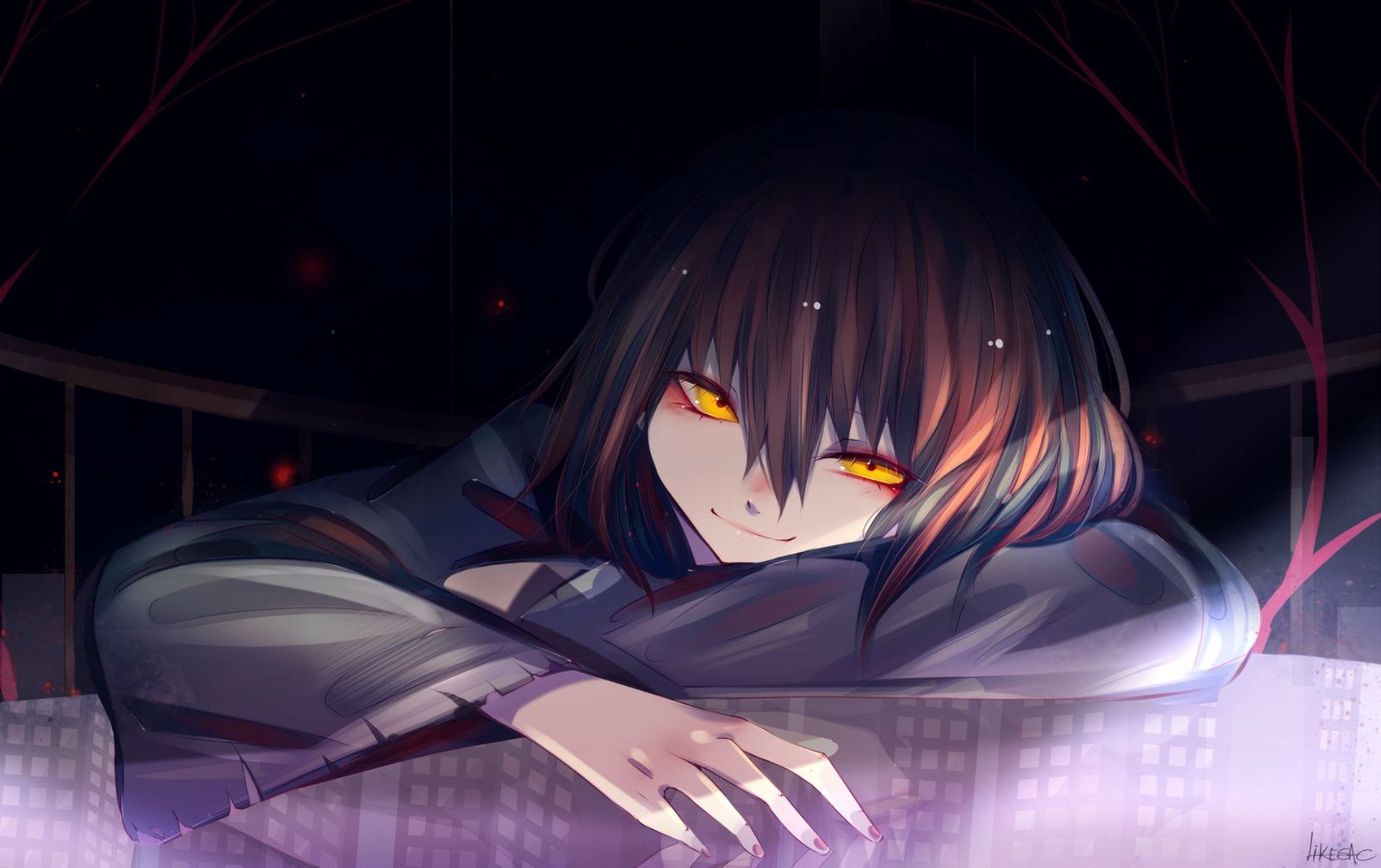 HD anime original artwork of a character with glowing yellow eyes and dark hair leaning forward in a dark, atmospheric setting, used as a PC desktop wallpaper.