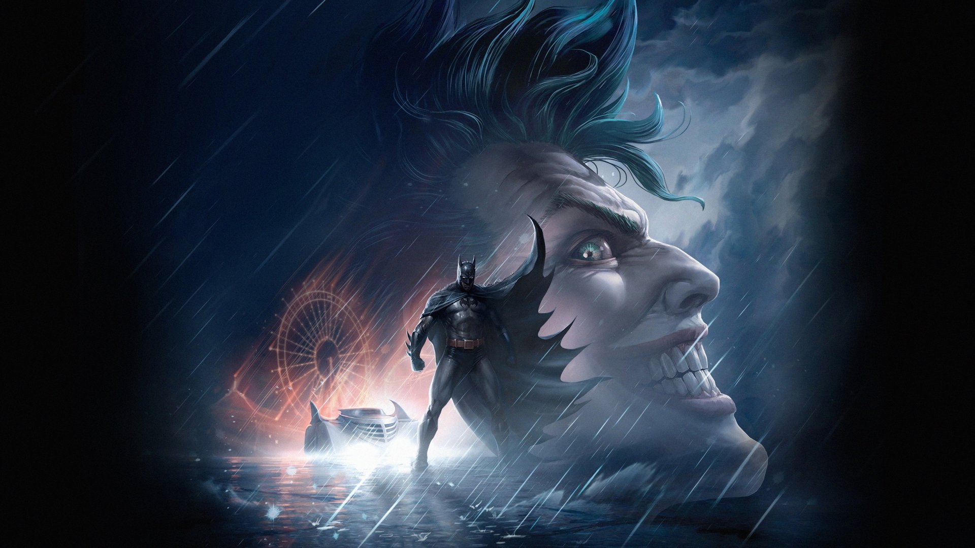 A dramatic 4K Ultra HD PC wallpaper featuring Batman standing against a stormy backdrop with the Joker's menacing grin from DC Comics' Batman: The Killing Joke.