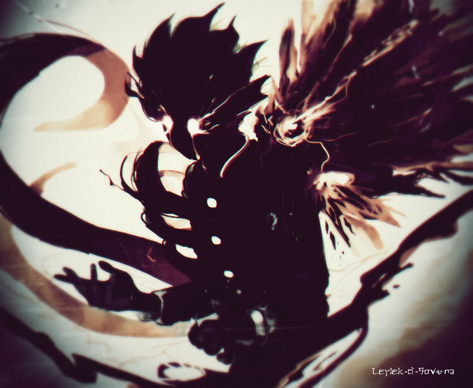 HD desktop wallpaper featuring a crossover of Kagune from Tokyo Ghoul and Shigeo Kageyama from Mob Psycho 100, set against a dark anime background.