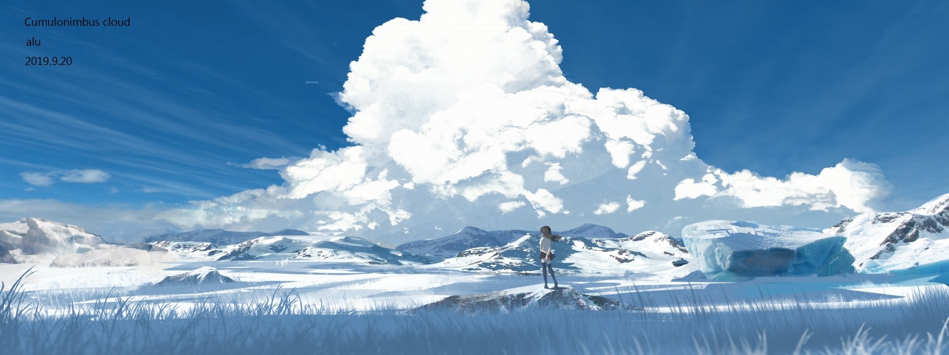 Anime-style winter landscape with vast snowy fields, towering white clouds, and a solitary figure standing in the serene, crisp atmosphere, a high-definition PC wallpaper.