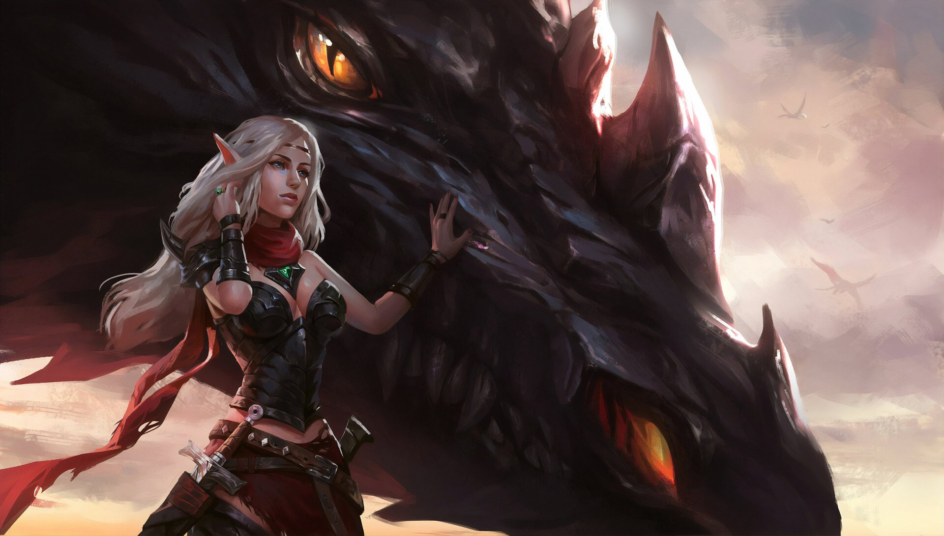 A blonde elf woman warrior with pointed ears stands confidently beside a massive dragon, set against a dramatic fantasy sky in 4K Ultra HD.
