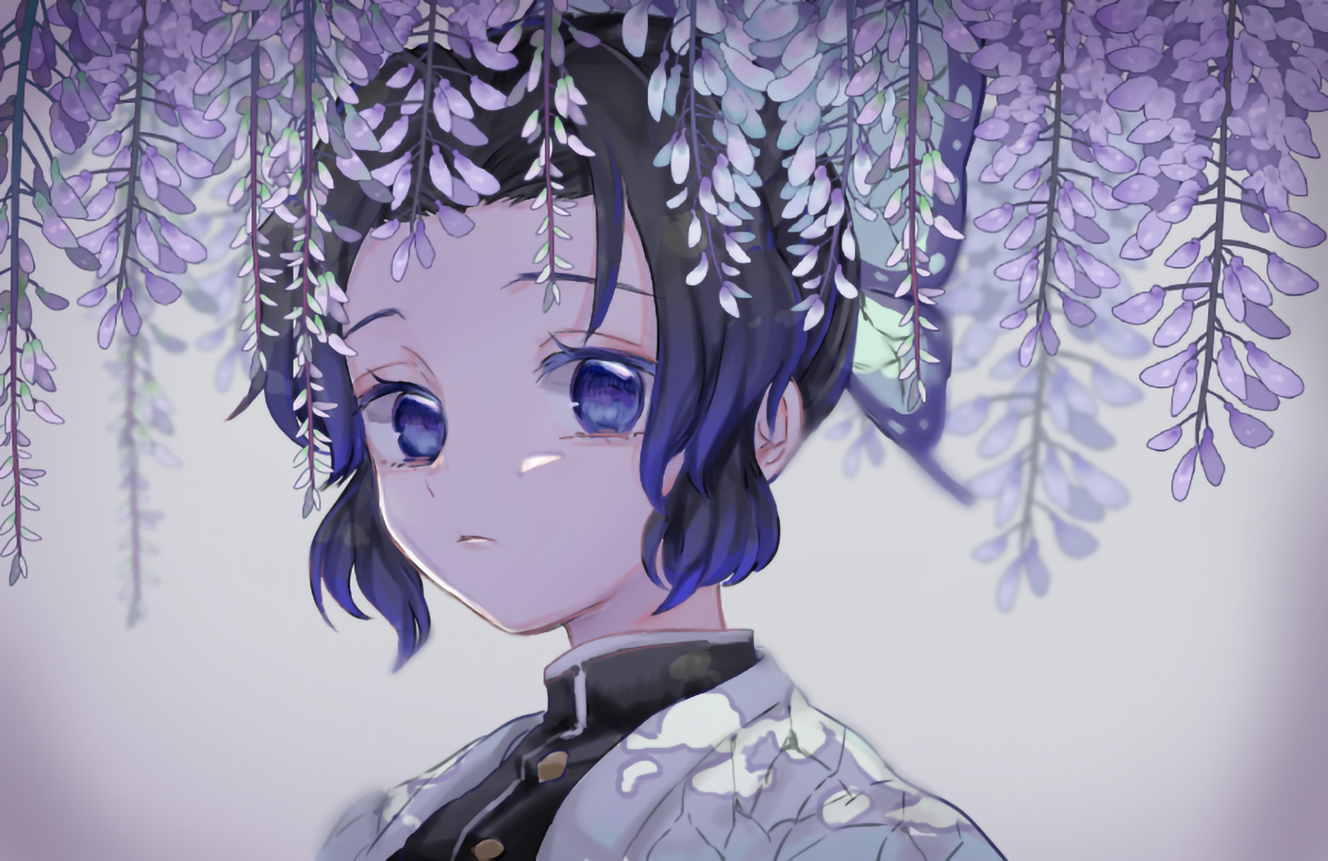 HD PC wallpaper of Shinobu Kochou from Demon Slayer: Kimetsu no Yaiba, featuring her delicate expression framed by cascading purple wisteria flowers.