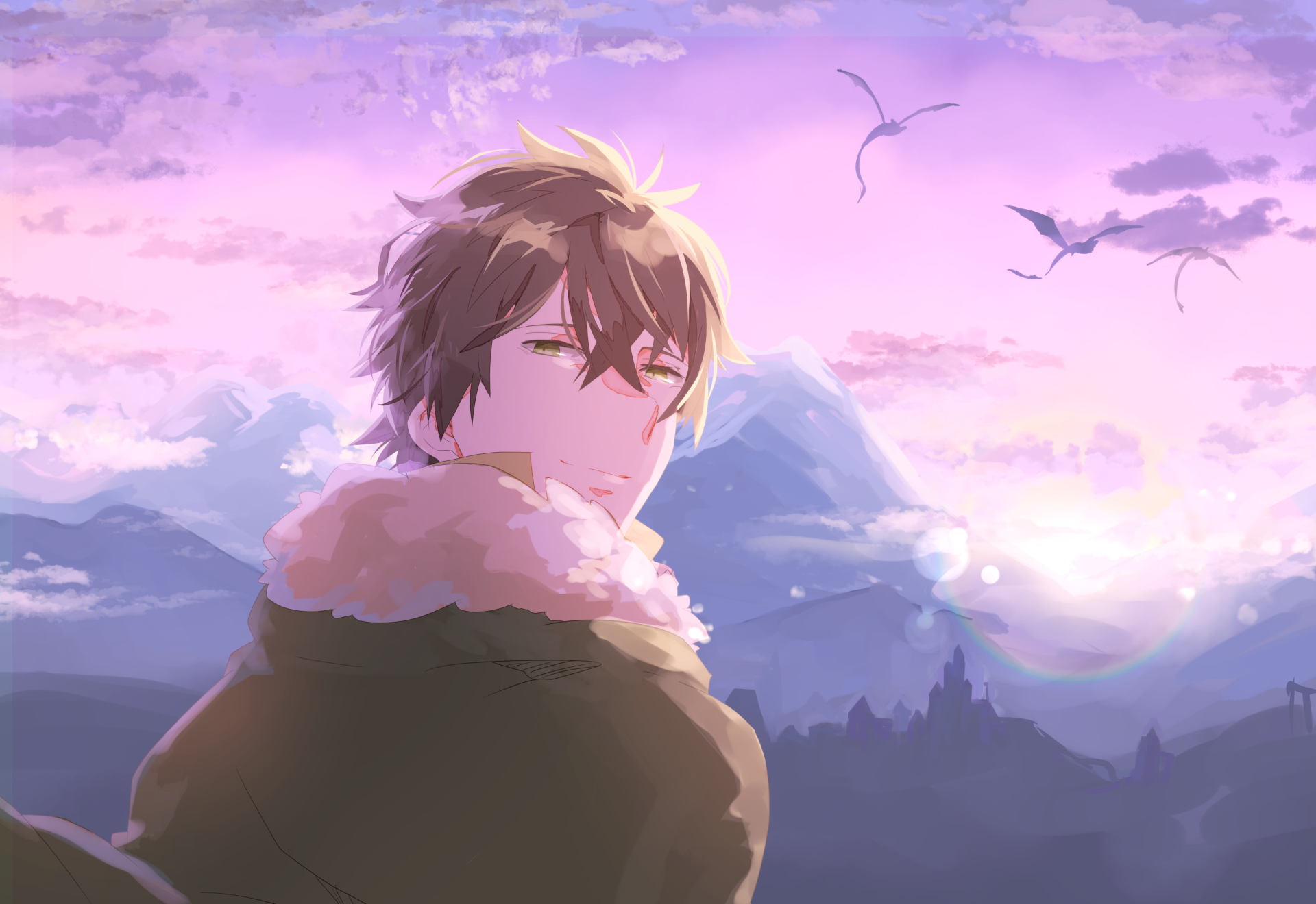 4K Ultra HD anime wallpaper featuring Naofumi Iwatani from The Rising of the Shield Hero against a serene mountain and sunset background.