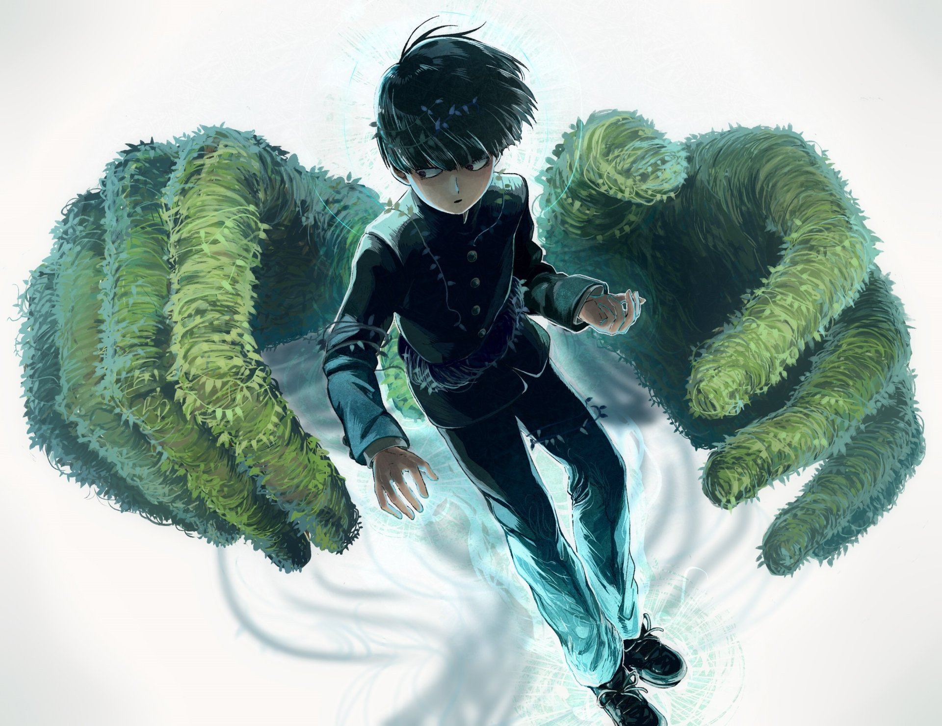 HD anime wallpaper of Shigeo Kageyama from Mob Psycho 100, featuring him floating with glowing energy and large ethereal hands behind him.