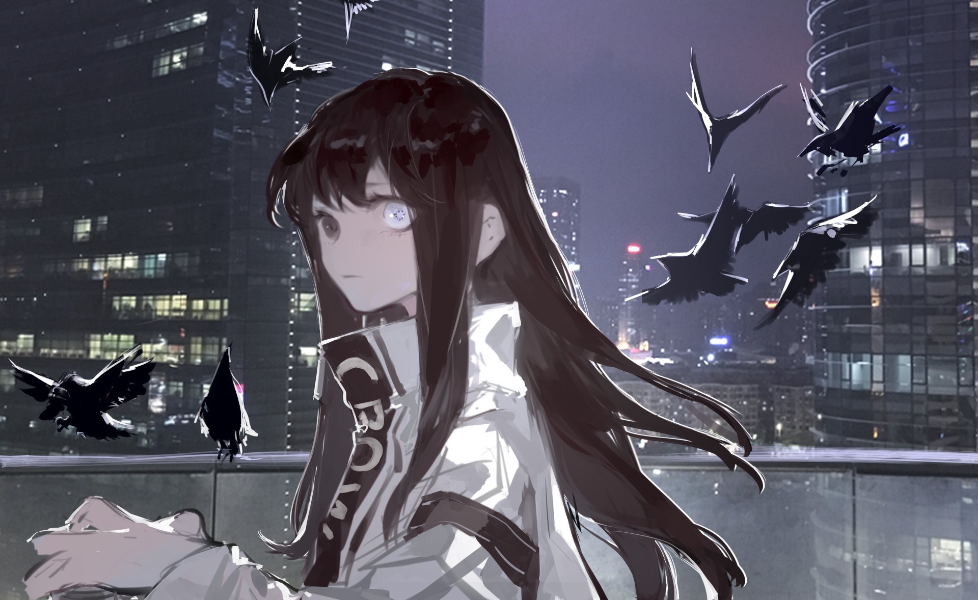 Anime-style illustration of a brown-haired character with heterochromia, surrounded by crows against a cityscape at night, rendered in 4K Ultra HD.