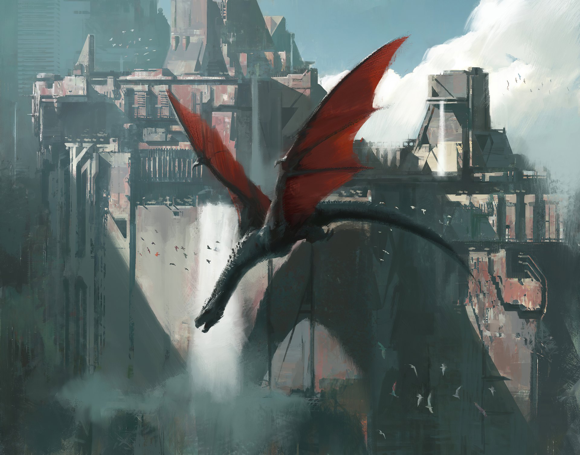 Download City Wyvern Fantasy Dragon Fantasy City 4k Ultra HD Wallpaper by Swang