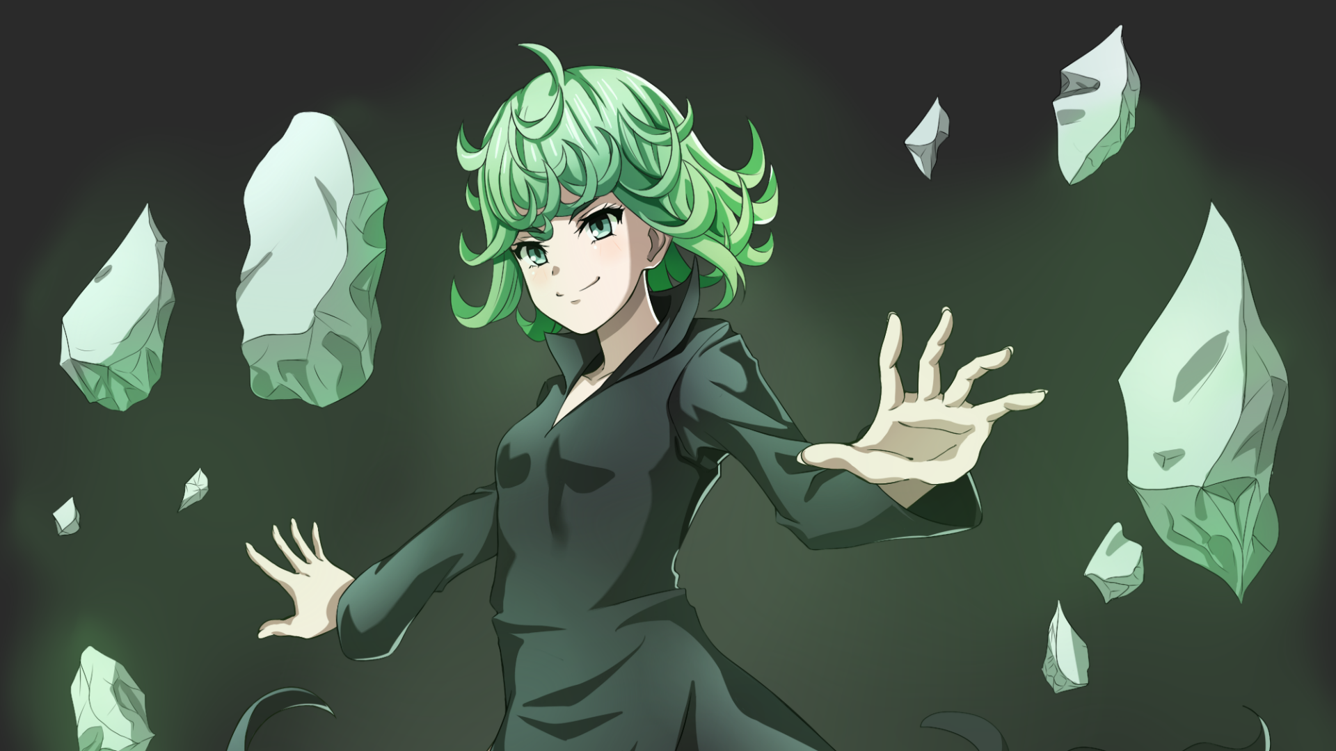 Tatsumaki from One-Punch Man — green-haired psychic floating amid levitating rocks, HD anime PC desktop wallpaper background.