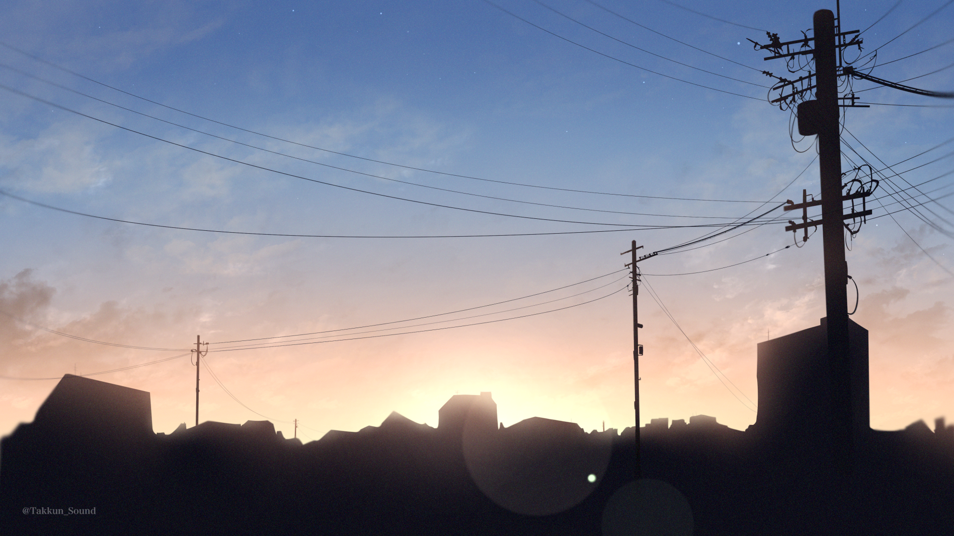 Anime-style 4K Ultra HD desktop wallpaper depicting a serene sunset with silhouetted buildings and power lines under a softly colored sky.