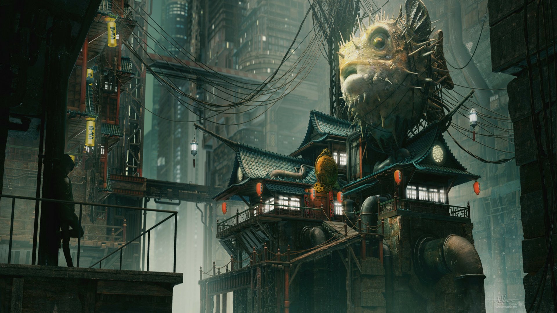 Download Cyberpunk Pufferfish Sci Fi City Sci Fi City HD Wallpaper by Tomi Väisänen