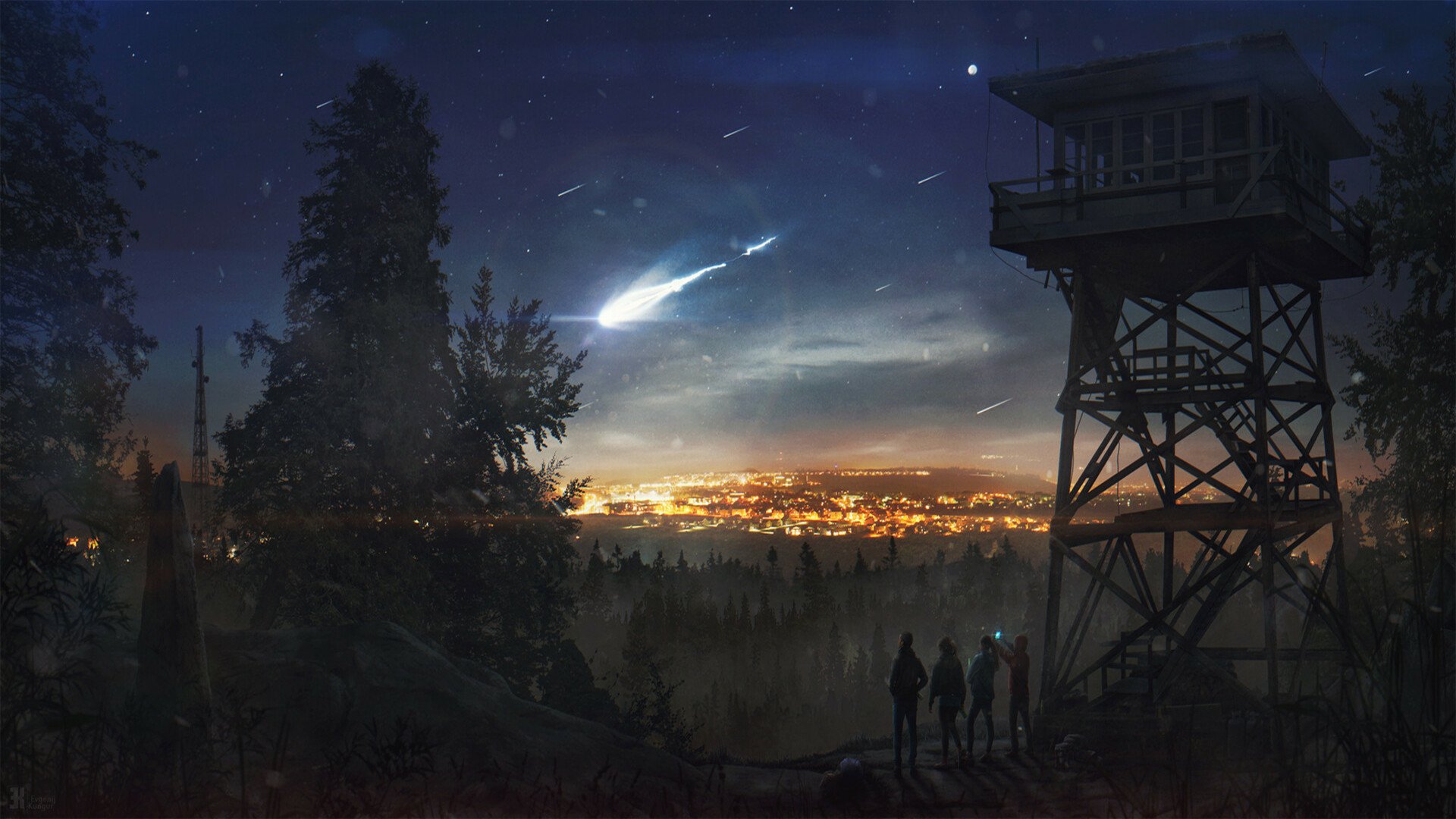 A fantasy night landscape with a glowing comet streaking across the sky above a city, silhouetted trees, a lookout tower, and three figures in the foreground.