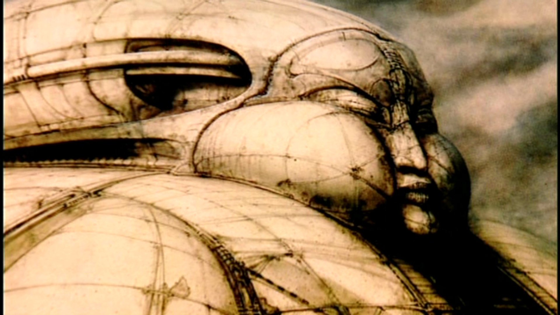 HD PC desktop wallpaper featuring a surreal, sci-fi inspired Dune landscape with large, intricately detailed mechanical and organic forms blending seamlessly.