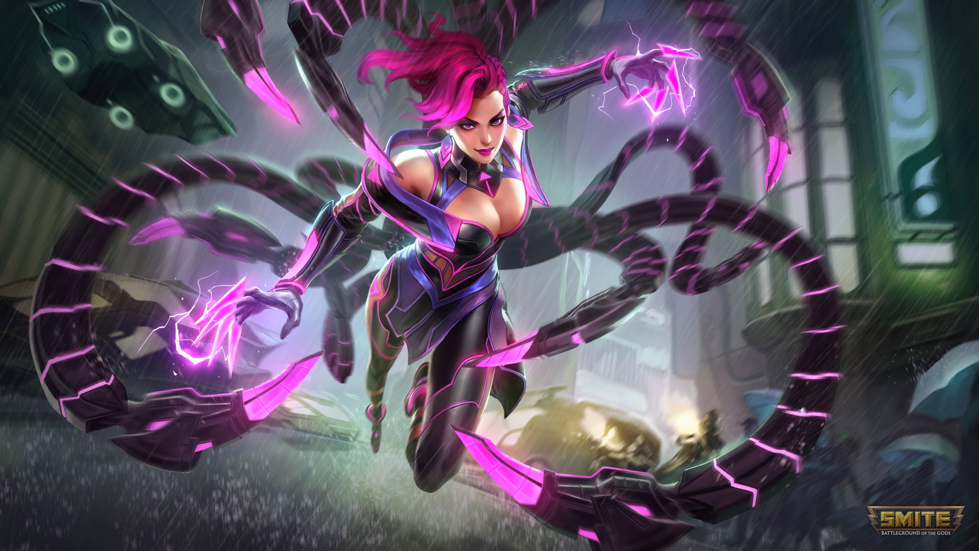 Da Ji from Smite depicted in dynamic action with glowing purple energy and mechanical arms, rendered in stunning 4K Ultra HD for PC desktop wallpaper.