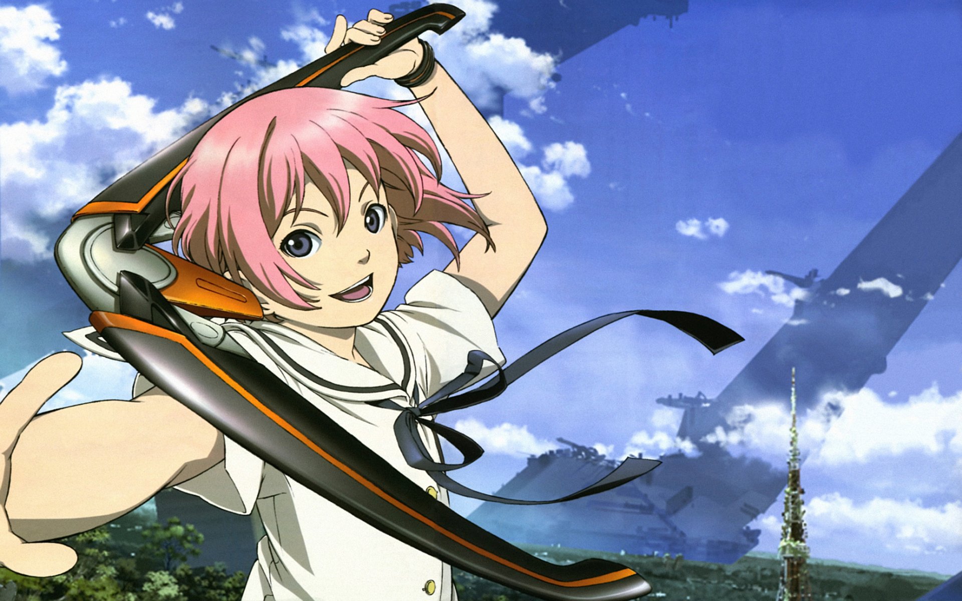 Anime HD PC desktop wallpaper from Shangri-La featuring a cheerful pink-haired character under a bright blue sky with scattered clouds.