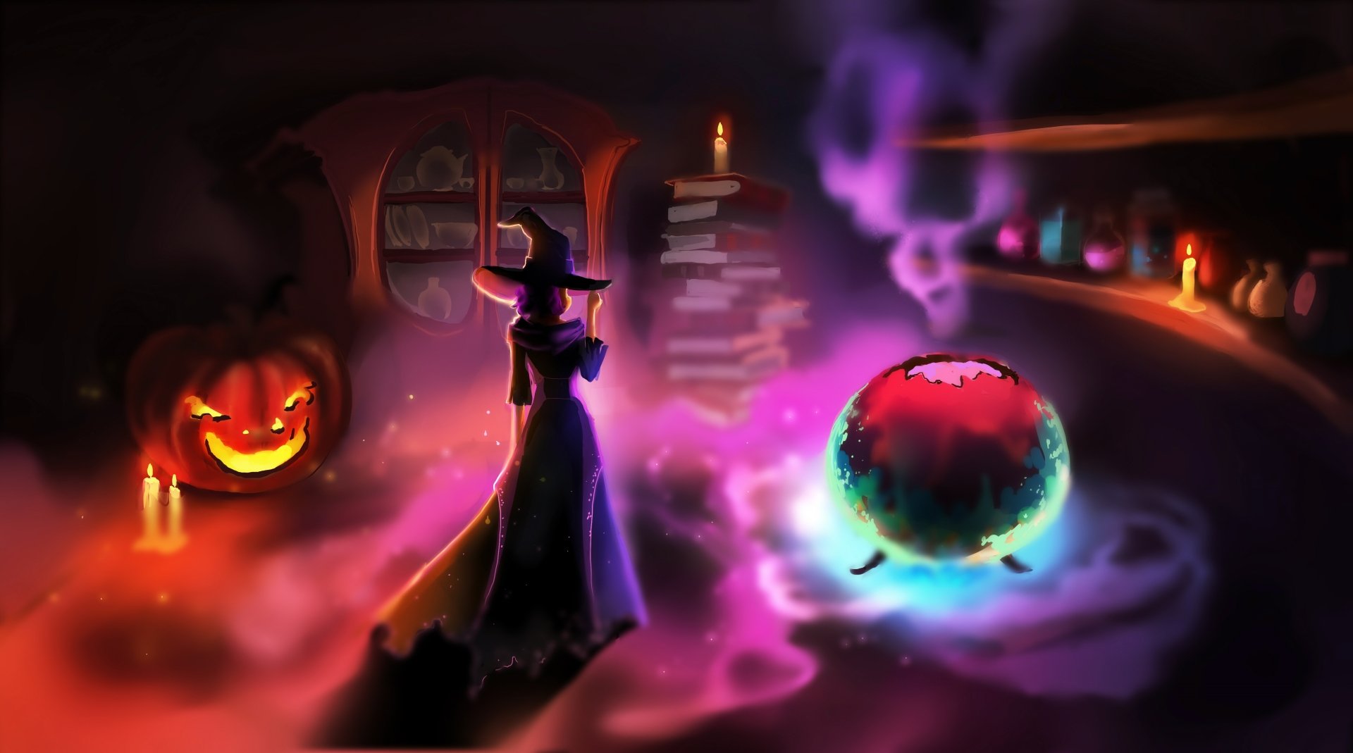 Halloween-themed 4K Ultra HD PC desktop wallpaper featuring a witch brewing a glowing potion in a dark, candlelit room with a carved pumpkin and mystical smoke.